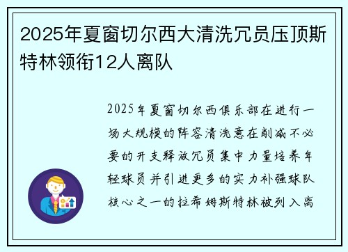 2025年夏窗切尔西大清洗冗员压顶斯特林领衔12人离队
