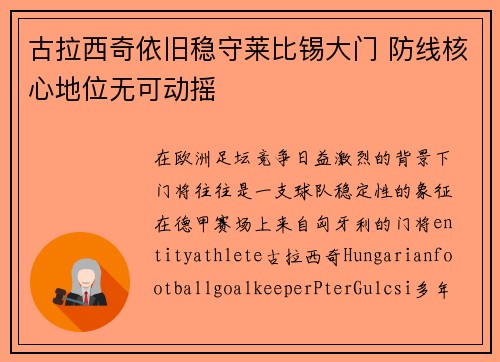 古拉西奇依旧稳守莱比锡大门 防线核心地位无可动摇 古拉西奇依旧稳守莱比锡大门 防线核心地位无可动摇