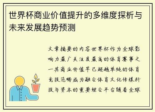 世界杯商业价值提升的多维度探析与未来发展趋势预测 世界杯商业价值提升的多维度探析与未来发展趋势预测
