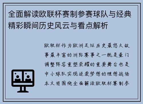 全面解读欧联杯赛制参赛球队与经典精彩瞬间历史风云与看点解析