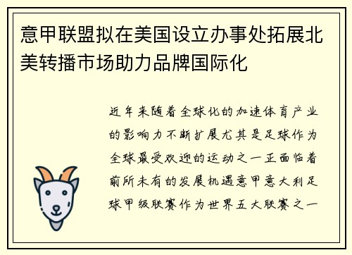 意甲联盟拟在美国设立办事处拓展北美转播市场助力品牌国际化 意甲联盟拟在美国设立办事处拓展北美转播市场助力品牌国际化